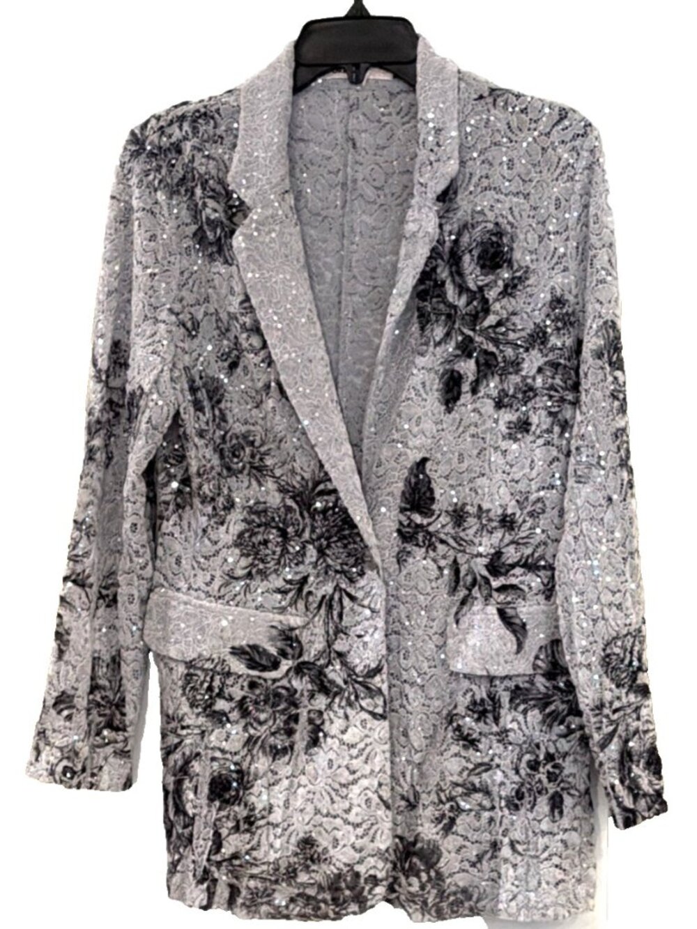 Origami Lace & Sequin Open Front Blazer Jacket Black Gray Floral Size Medium